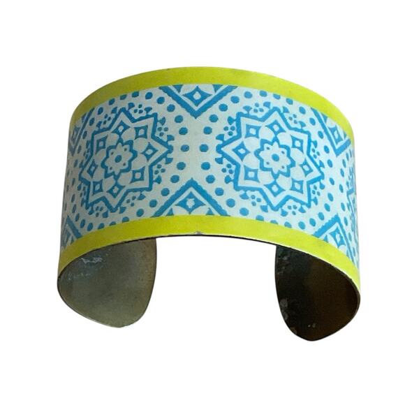 Vintage Brass Enamel Cuff Bracelet Blue Yellow Geometric Boho Modernist 1.5” - Picture 3 of 10